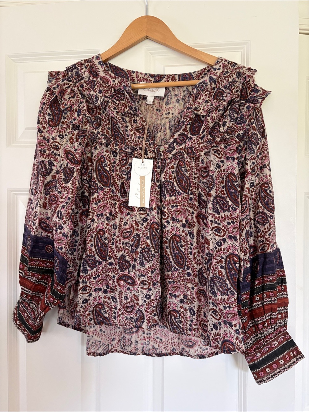 Cleobella Paisley Ruffled Peasant Blouse - Burgundy, Navy, Cream